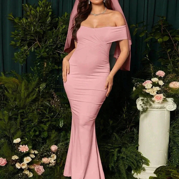 Pink Elegant Women's Solid Color Maternity Off Shoulder Mermaid Dress - Picture 6 of 6